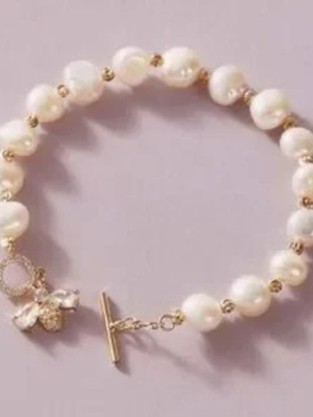 18K Gold Plated Faux Pearl Bee Rhinestone Toggle Bracelet